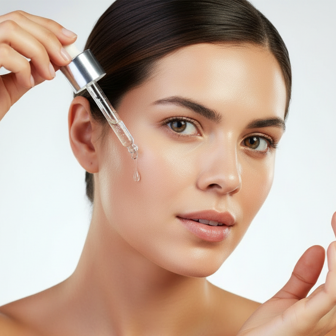 Apply vitamin c serum on face with a dropper